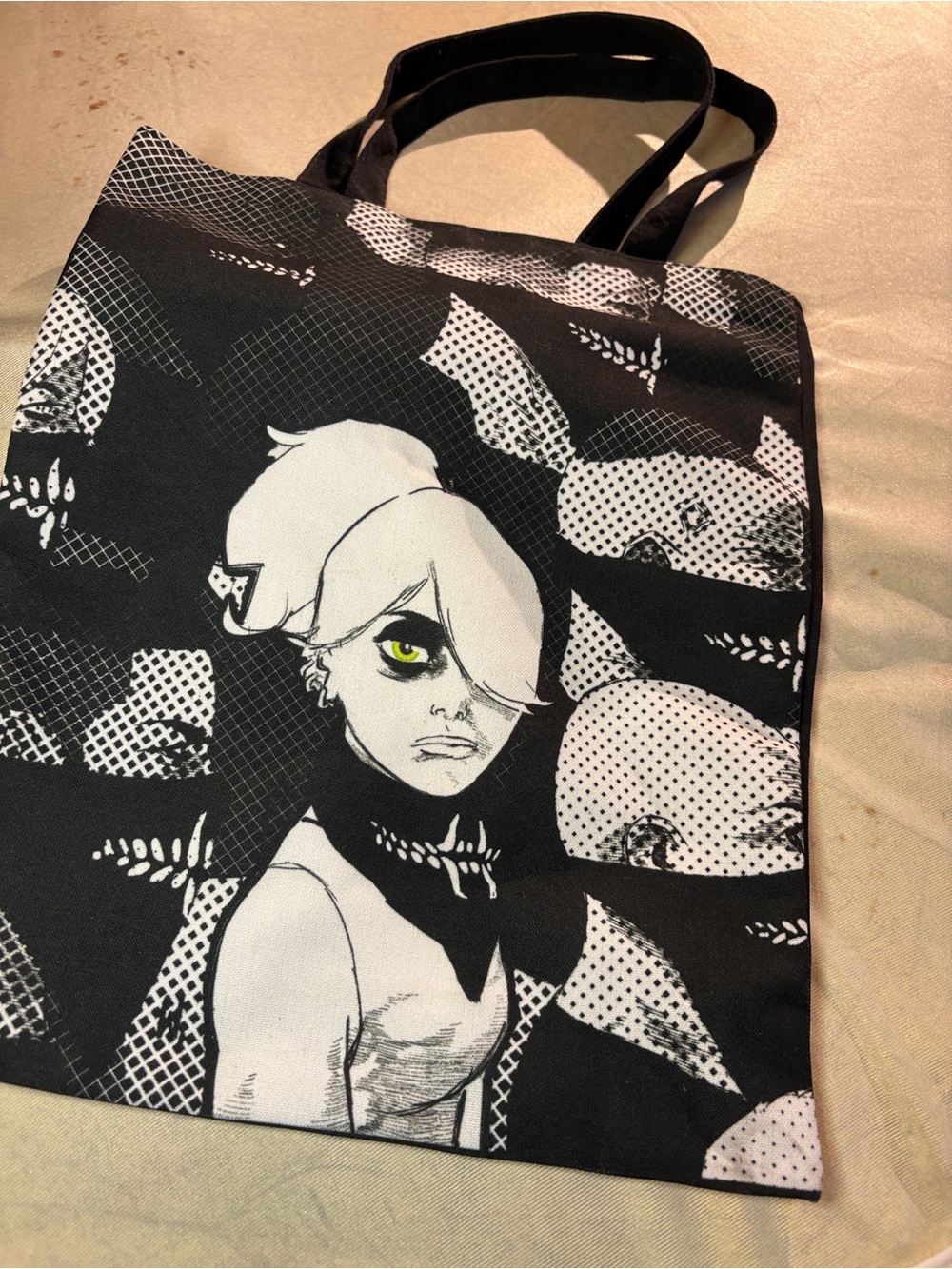 Black & White Graphic Tote Bag with Green Eye Accent